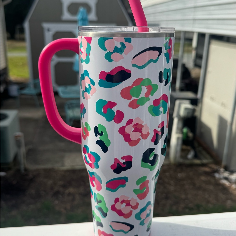 Insulated Travel Tumbler with Pink Handle and Colorful Leopard Print